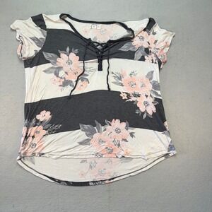 24/7 Maurices XXL Top Floral Striped‎ Lace Up Short Sleeve Casual Blouse